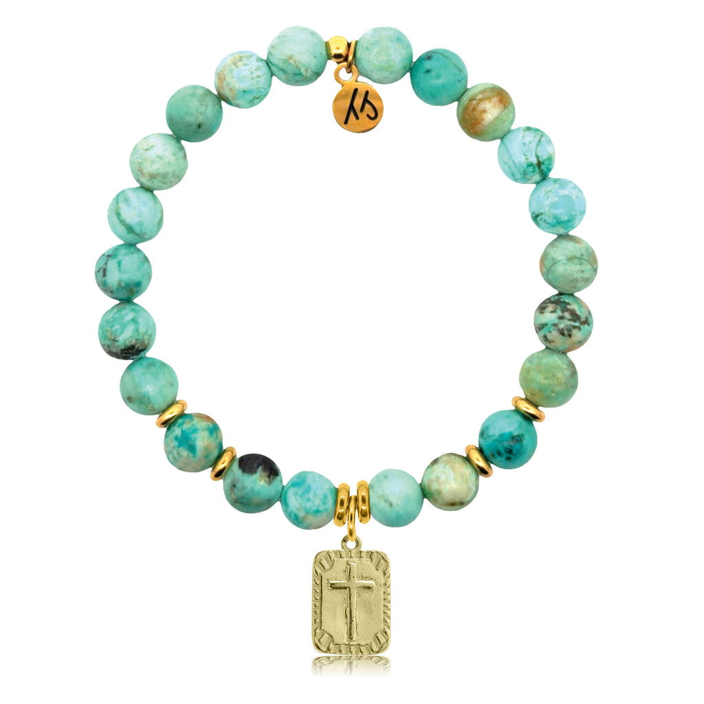 Gold Charm Collection - Peruvian Turquoise Gemstone Bracelet with Cross Rectangle Gold Charm