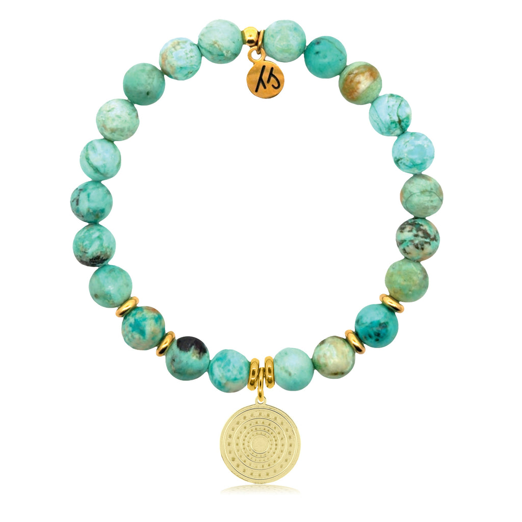 Gold Charm Collection - Peruvian Turquoise Gemstone Bracelet with Family Circle Gold Charm