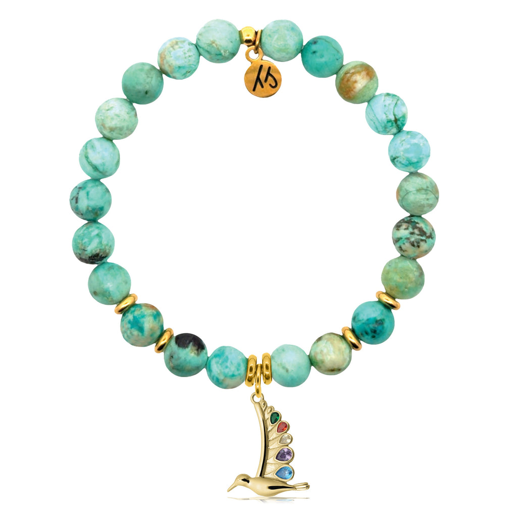 Gold Charm Collection - Peruvian Turquoise Gemstone Bracelet with Hummingbird Gold Charm