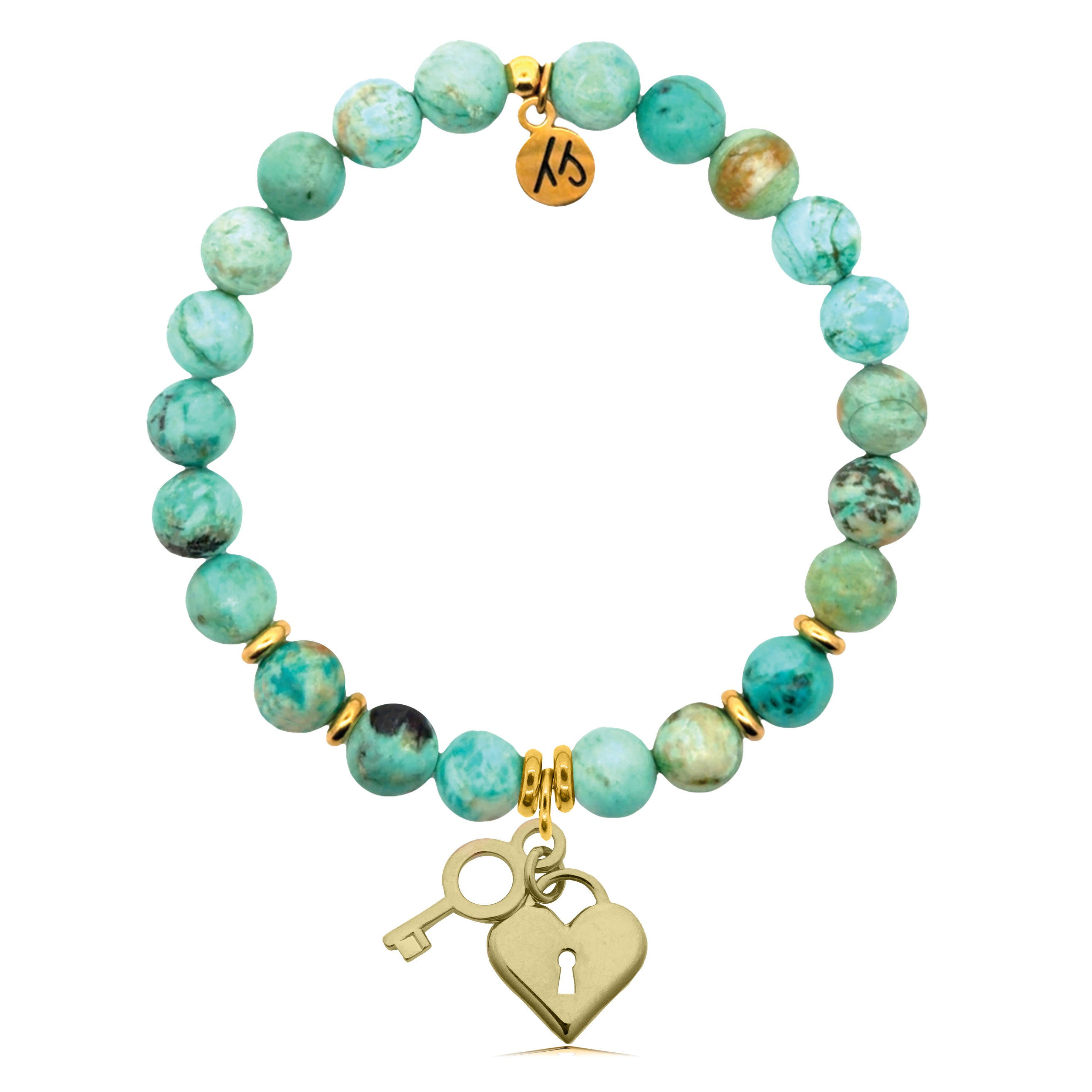 Gold Charm Collection - Peruvian Turquoise Gemstone Bracelet with Key to My Heart Gold Charm