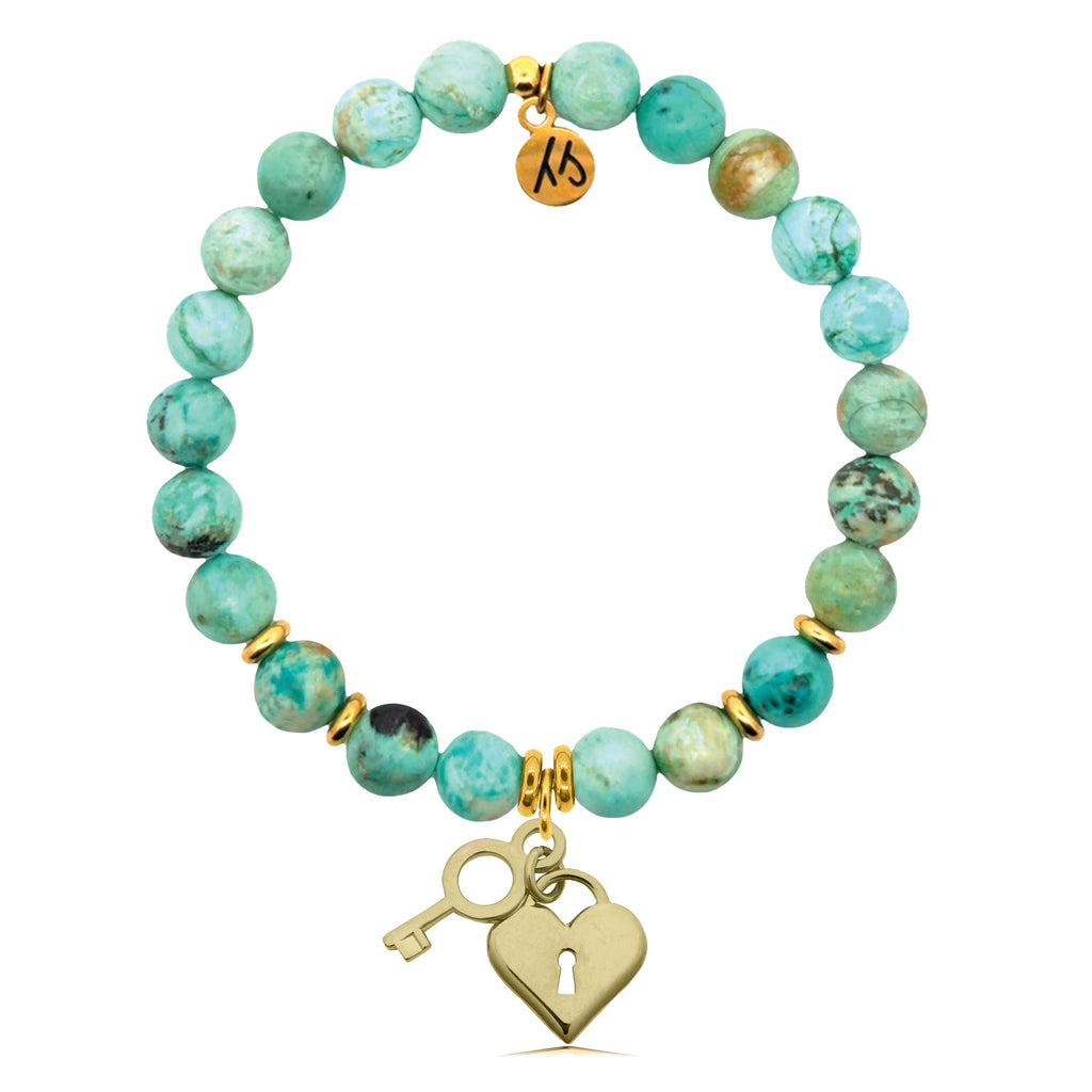 Gold Charm Collection - Peruvian Turquoise Gemstone Bracelet with Key to My Heart Gold Charm