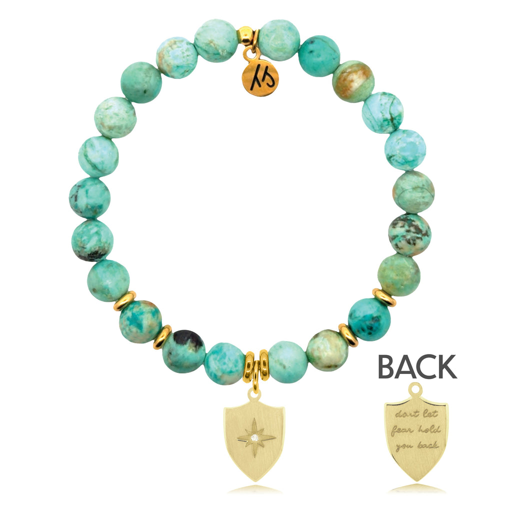 Gold Charm Collection - Peruvian Turquoise Gemstone Bracelet with Strength Shield Gold Charm