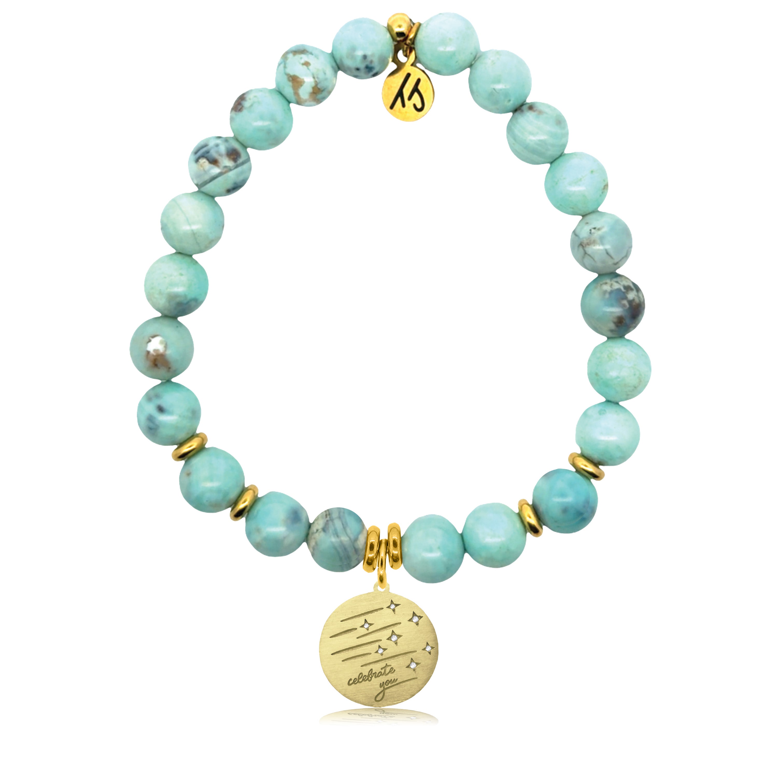 Gold Charm Collection - Robins Egg Agate Gemstone Bracelet with Birthday Wishes Gold Charm