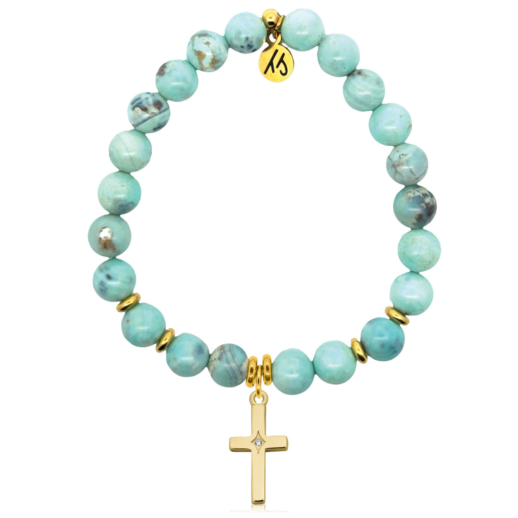Gold Charm Collection - Robins Egg Agate Gemstone Bracelet with Cross CZ Gold Charm