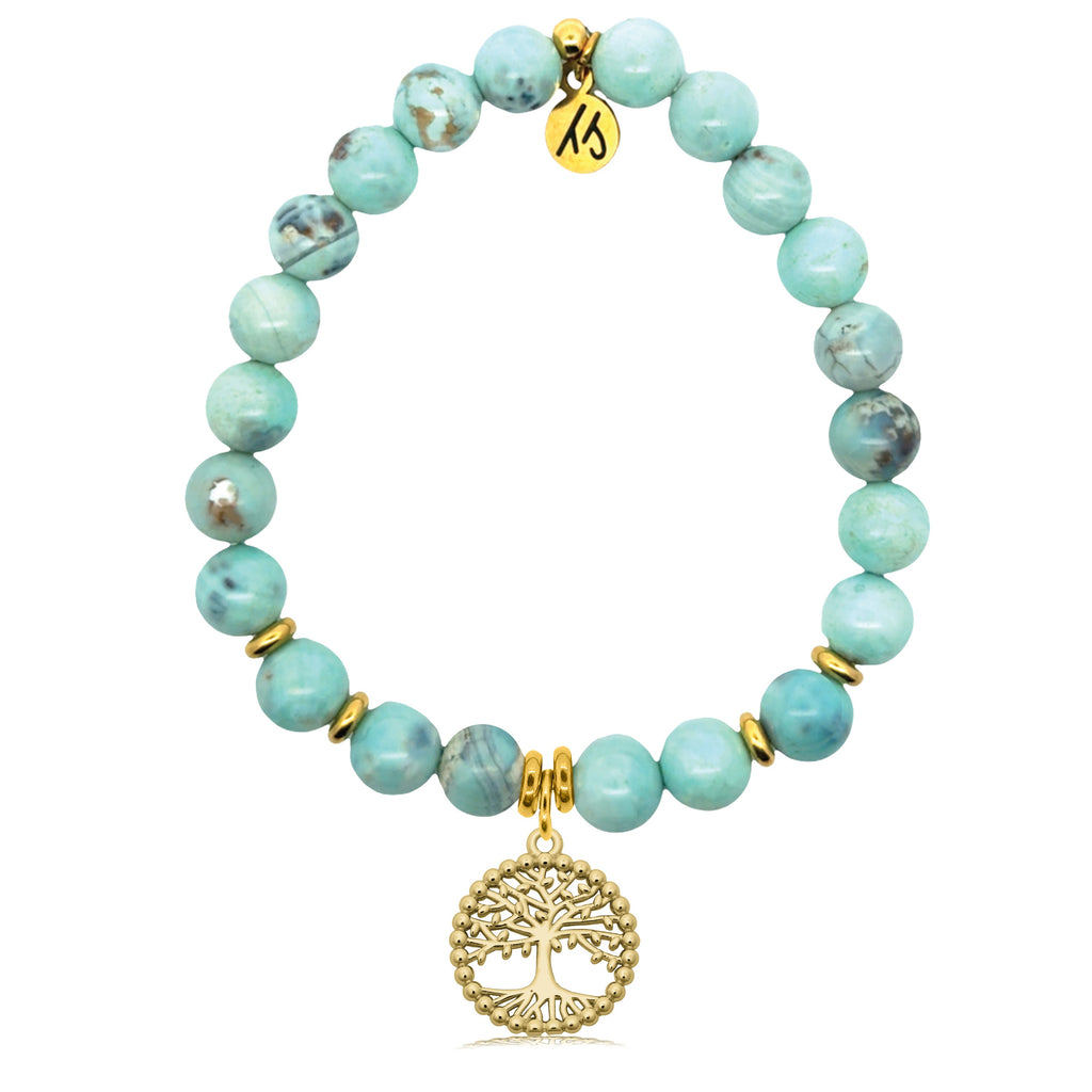 Gold Charm Collection - Robins Egg Agate Gemstone Bracelet with Family Tree Gold Charm