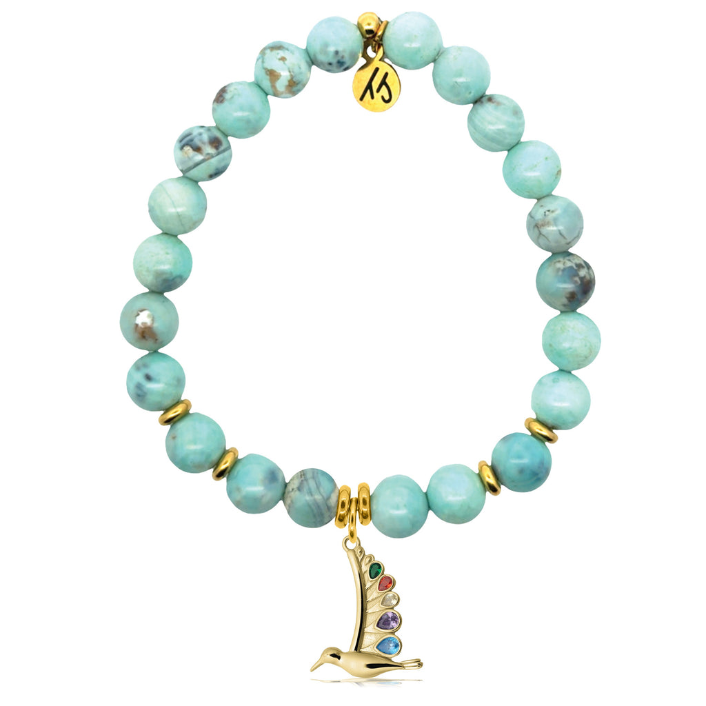 Gold Charm Collection - Robins Egg Agate Gemstone Bracelet with Hummingbird Gold Charm