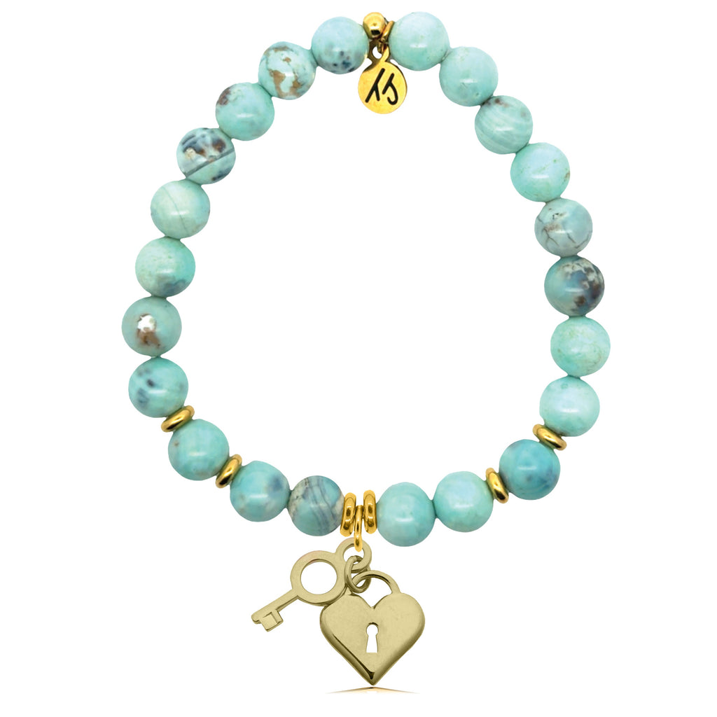 Gold Charm Collection - Robins Egg Agate Gemstone Bracelet with Key To My Heart Gold Charm