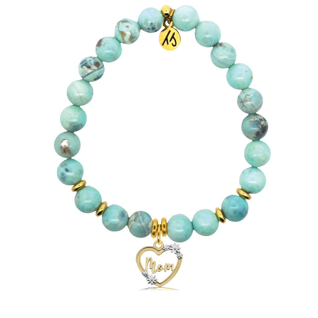 Gold Charm Collection - Robins Egg Agate Gemstone Bracelet with Mom Heart Gold Charm