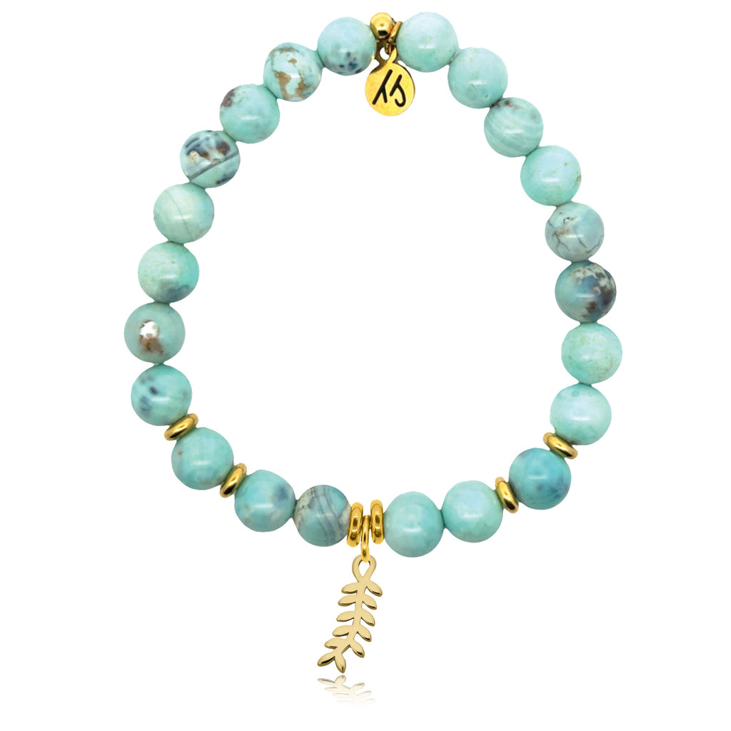 Gold Charm Collection - Robins Egg Agate Gemstone Bracelet with Olive Branch Gold Charm