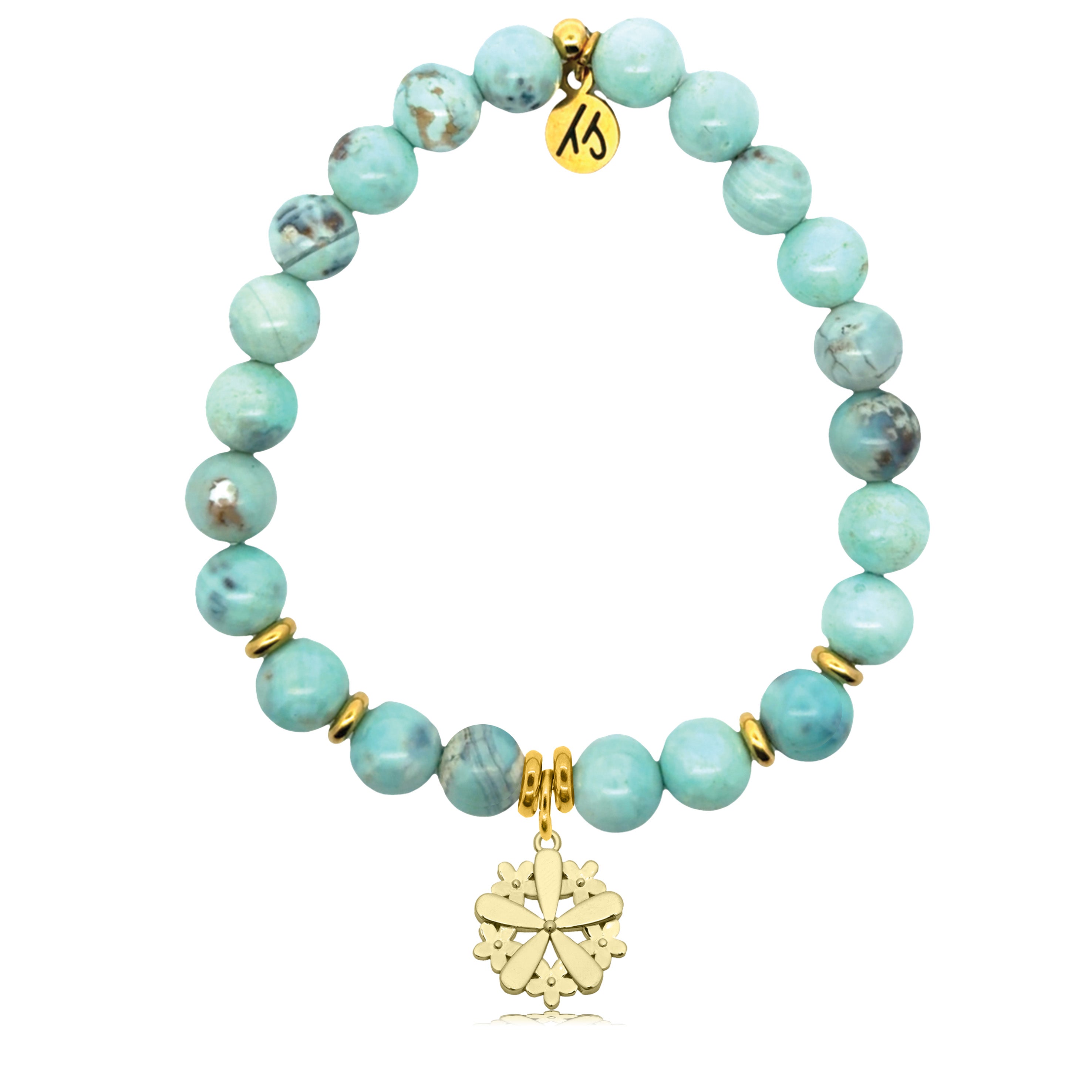 Gold Charm Collection - Robins Egg Agate Gemstone Bracelet with Thank You Flower Gold Charm
