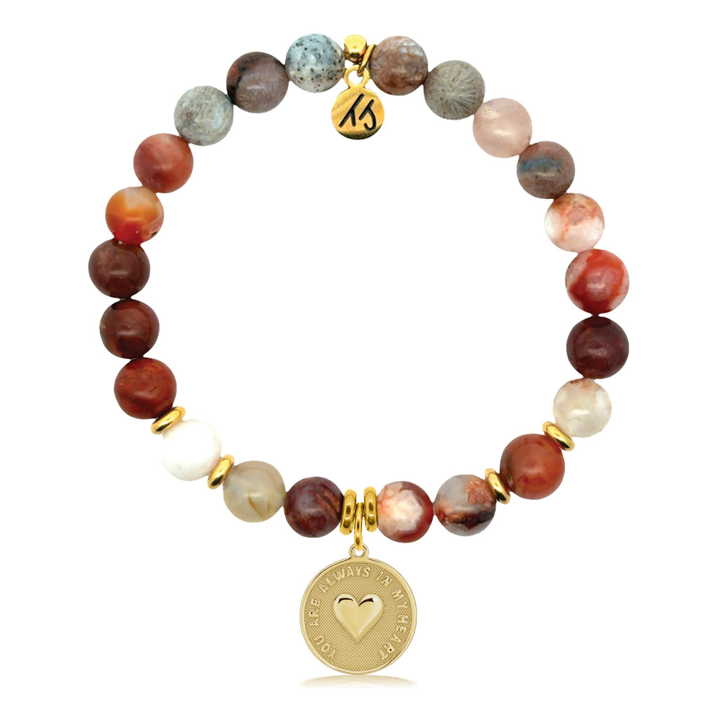 Gold Charm Collection - Sakura Agate Gemstone Bracelet with Always in my Heart Gold Charm