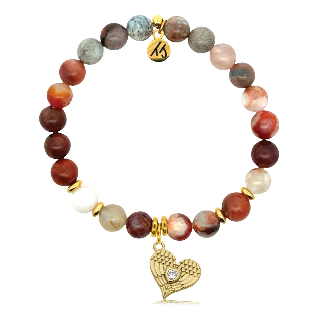 Gold Charm Collection - Sakura Agate Gemstone Bracelet with Angel Love Gold Charm