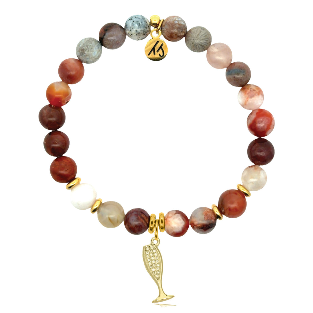 Gold Charm Collection - Sakura Agate Gemstone Bracelet with Cheers Gold Charm