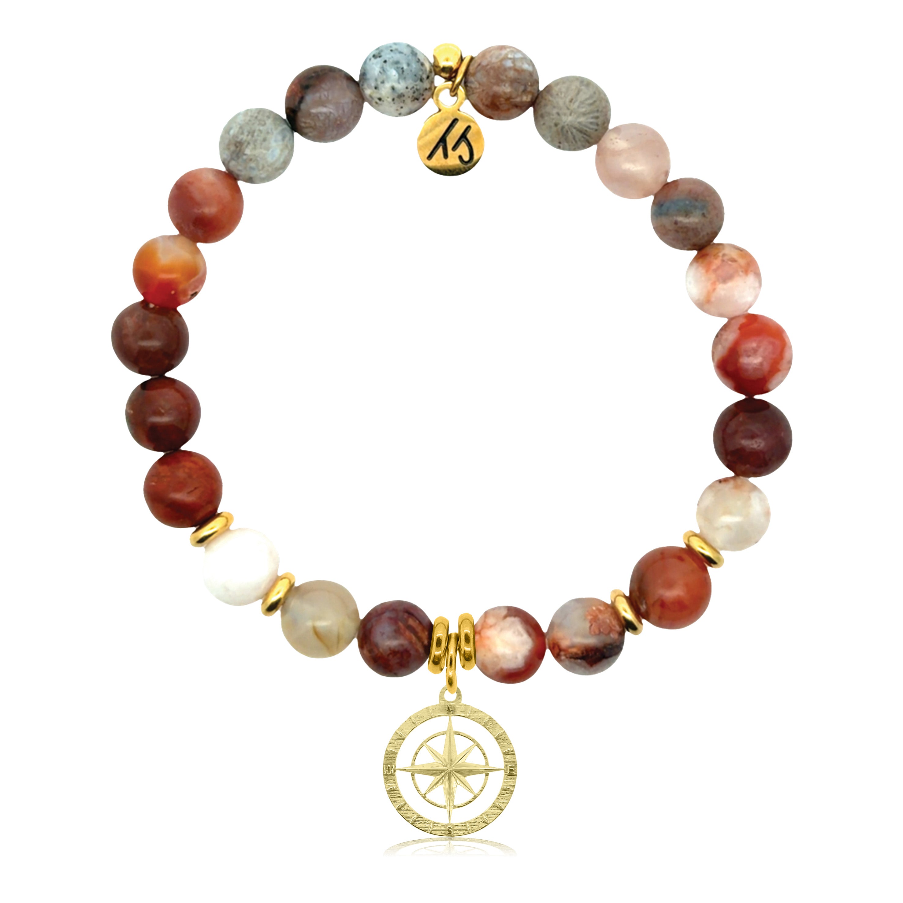 Gold Charm Collection - Sakura Agate Gemstone Bracelet with Compass Rose Gold Charm