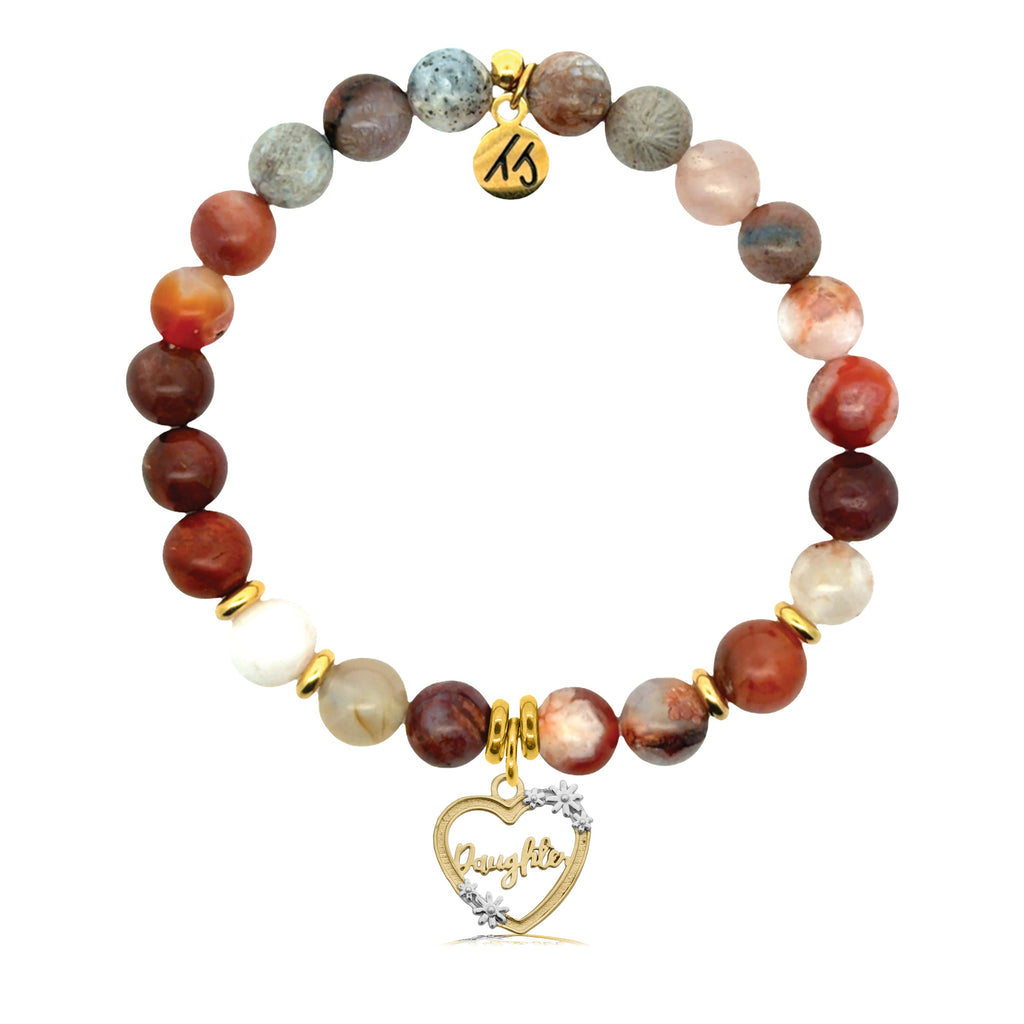 Gold Charm Collection - Sakura Agate Gemstone Bracelet with Daughter Heart Gold Charm