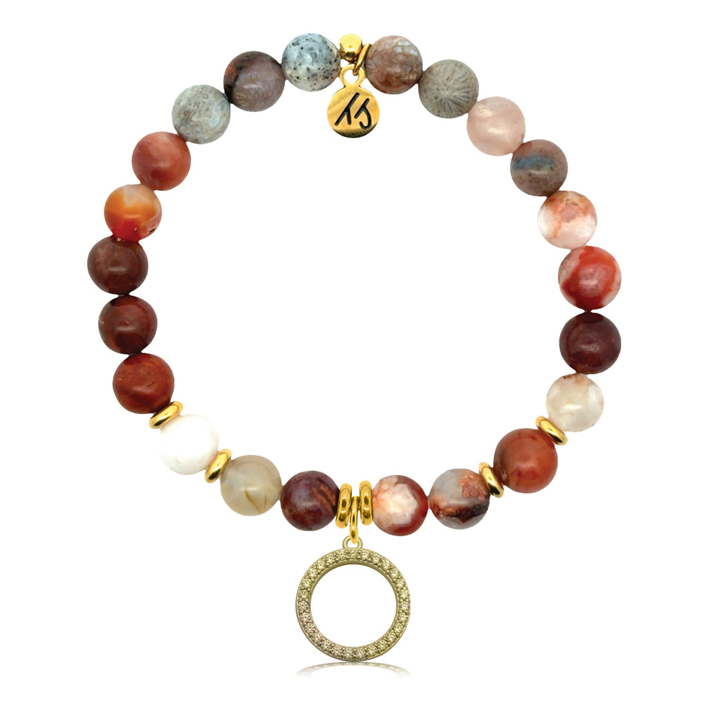 Gold Charm Collection - Sakura Agate Gemstone Bracelet with Good Karma Gold Charm