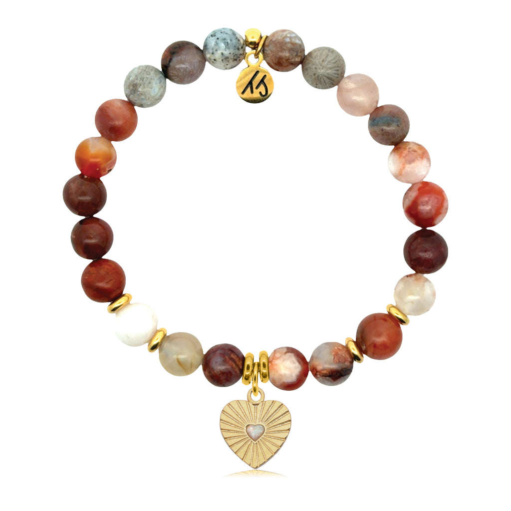 Gold Charm Collection - Sakura Agate Gemstone Bracelet with Heart Opal Gold Charm