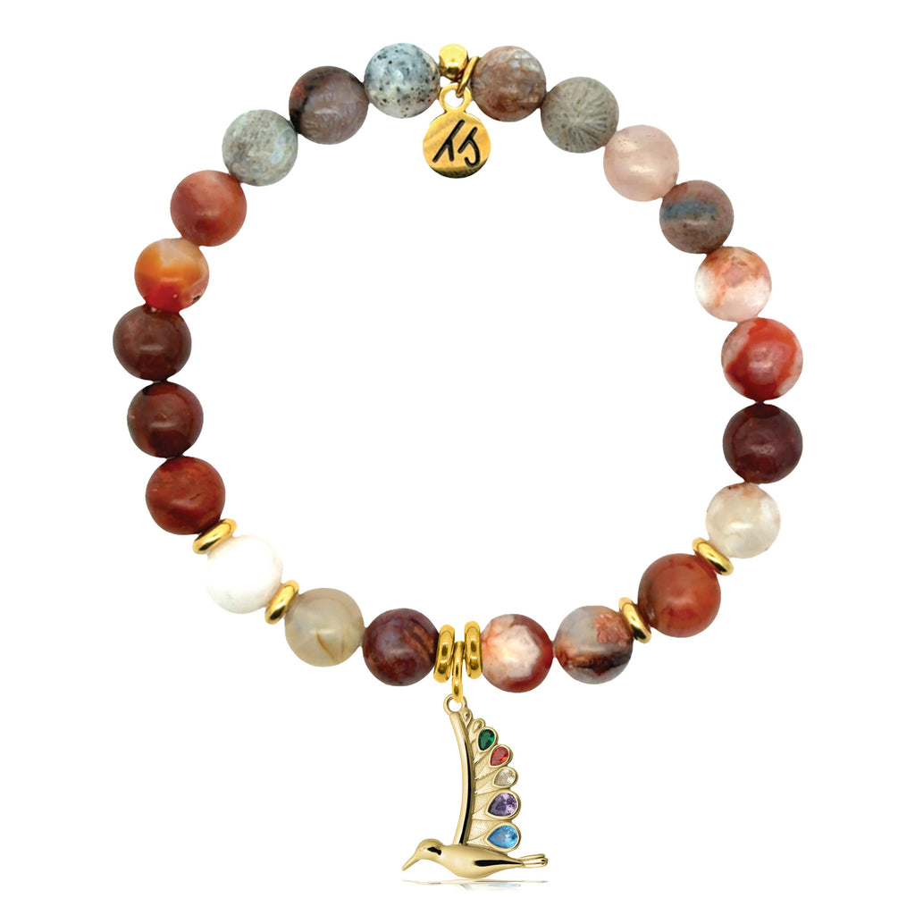 Gold Charm Collection - Sakura Agate Gemstone Bracelet with Hummingbird Gold Charm