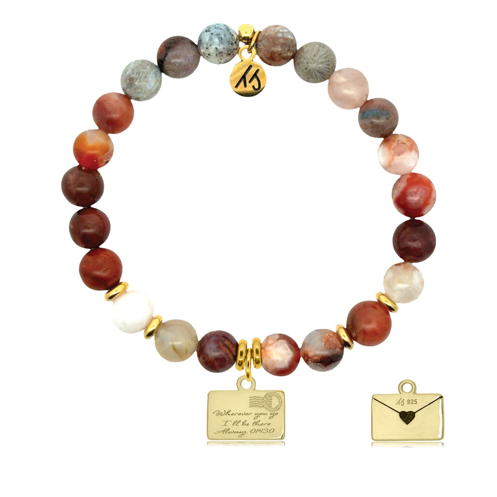 Gold Charm Collection - Sakura Agate Gemstone Bracelet with Love Letter Gold Charm