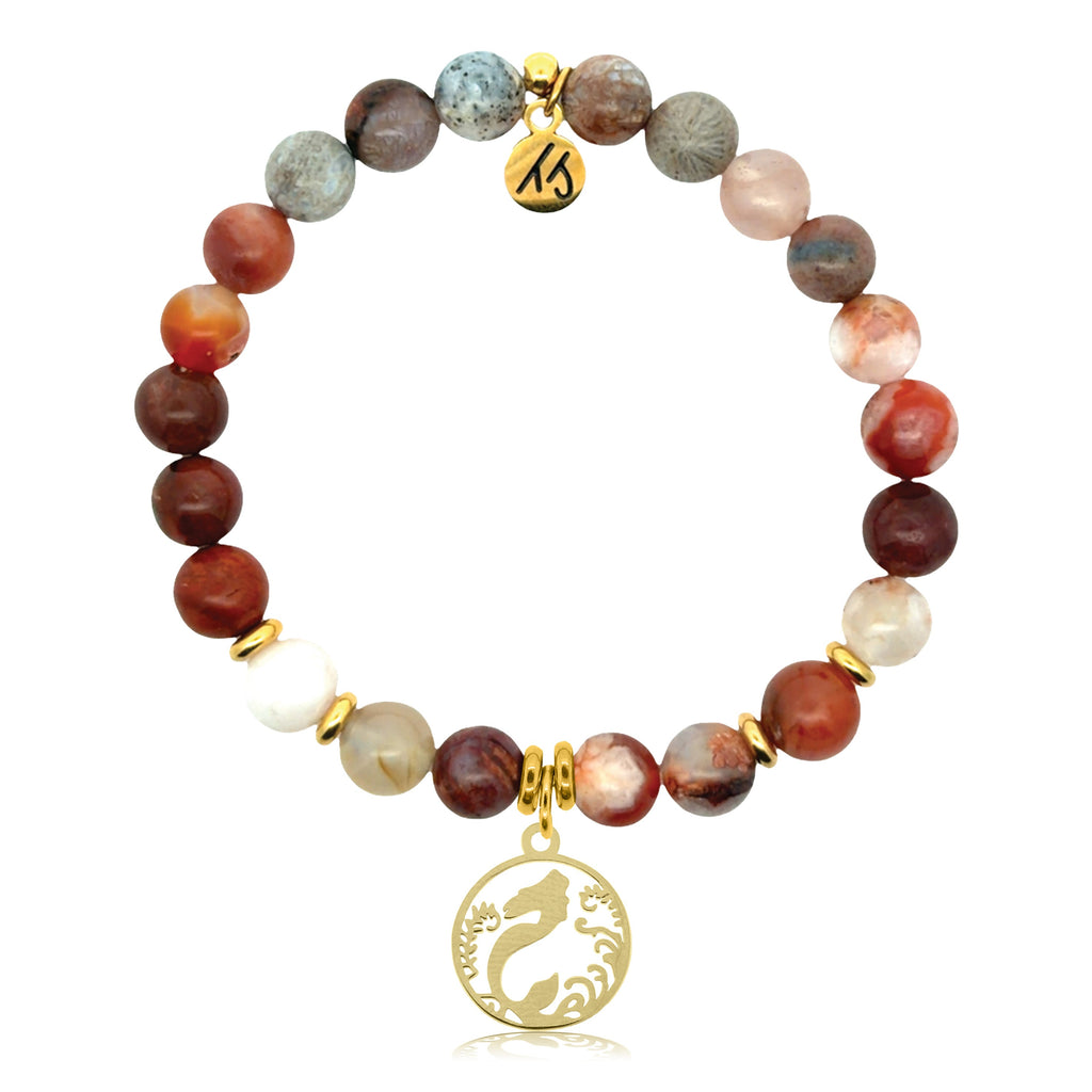 Gold Charm Collection - Sakura Agate Gemstone Bracelet with Mermaid Gold Charm