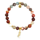 Gold Charm Collection - Sakura Agate Gemstone Bracelet with Olive Branch Gold Charm