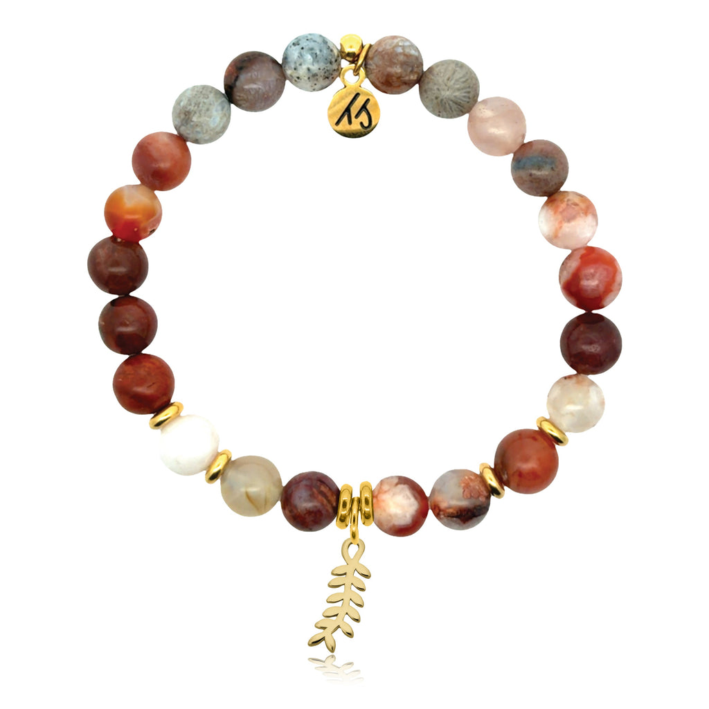 Gold Charm Collection - Sakura Agate Gemstone Bracelet with Olive Branch Gold Charm