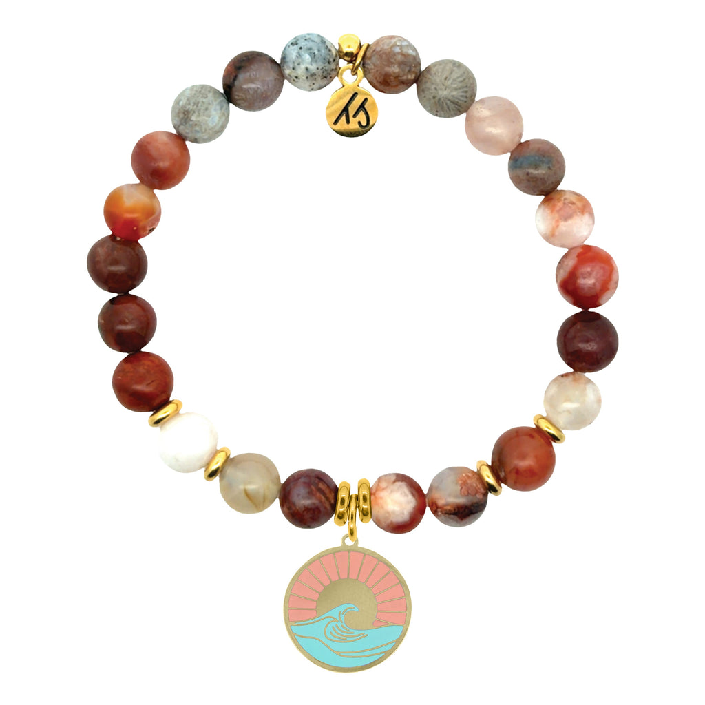 Gold Charm Collection - Sakura Agate Gemstone Bracelet with Paradise Enamel Gold Charm