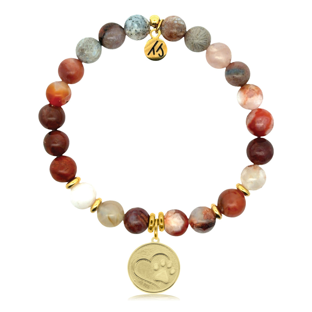 Gold Charm Collection - Sakura Agate Gemstone Bracelet with Paw Print Gold Charm