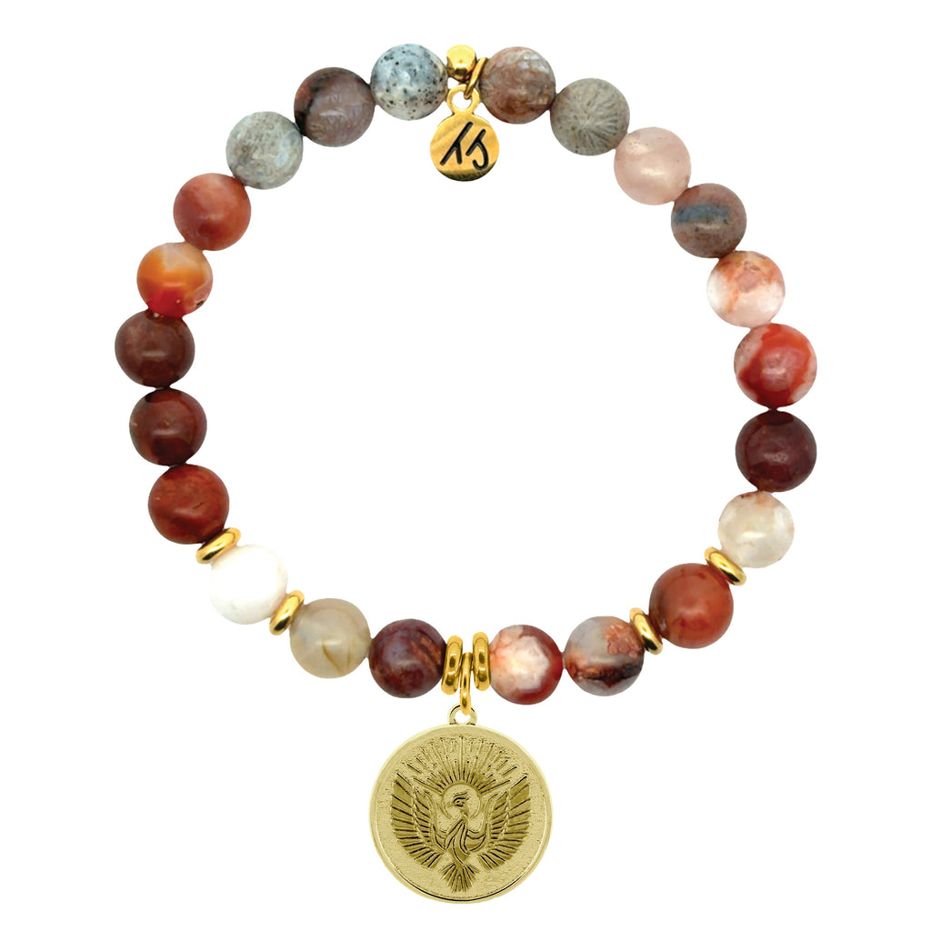 Gold Charm Collection - Sakura Agate Gemstone Bracelet with Phoenix Gold Charm
