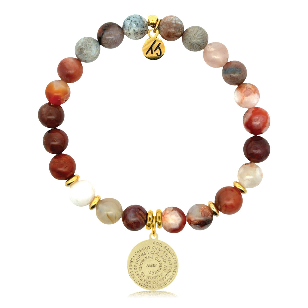 Gold Charm Collection - Sakura Agate Gemstone Bracelet with Serenity Prayer Gold Charm
