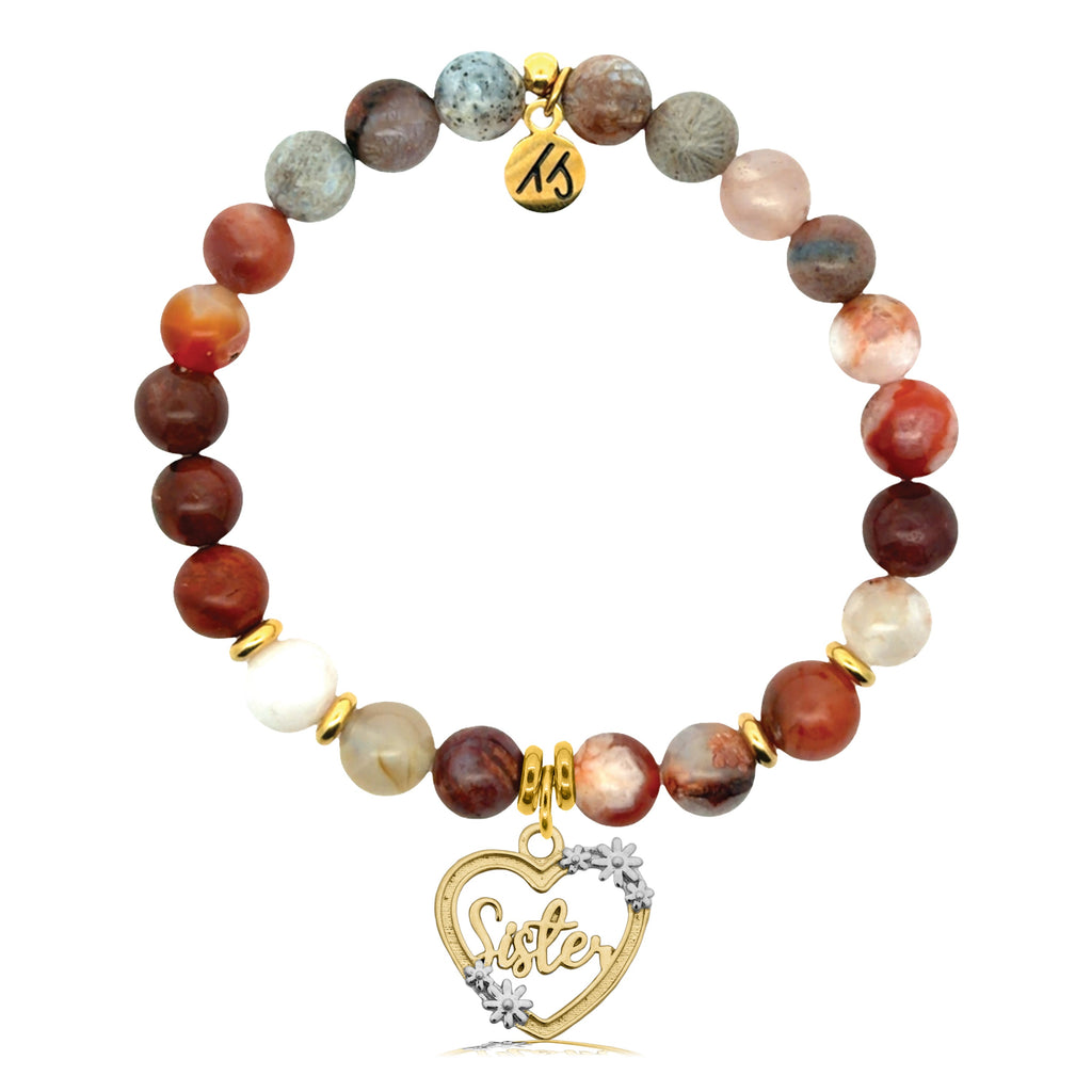 Gold Charm Collection - Sakura Agate Gemstone Bracelet with Sister Heart Gold Charm