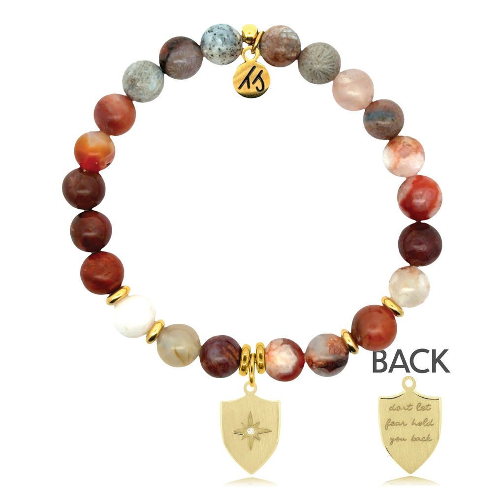 Gold Charm Collection - Sakura Agate Gemstone Bracelet with Strength Shield Gold Charm