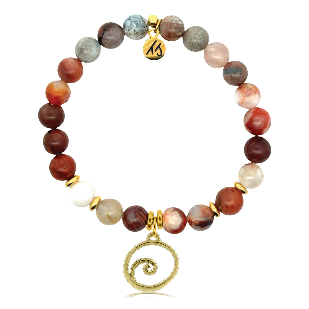 Gold Charm Collection - Sakura Agate Gemstone Bracelet with Wave Gold Charm