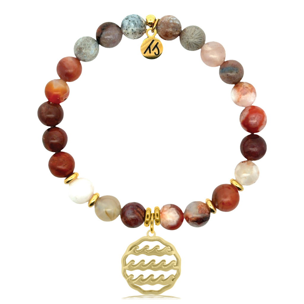 Gold Charm Collection - Sakura Agate Gemstone Bracelet with Waves of Life Gold Charm