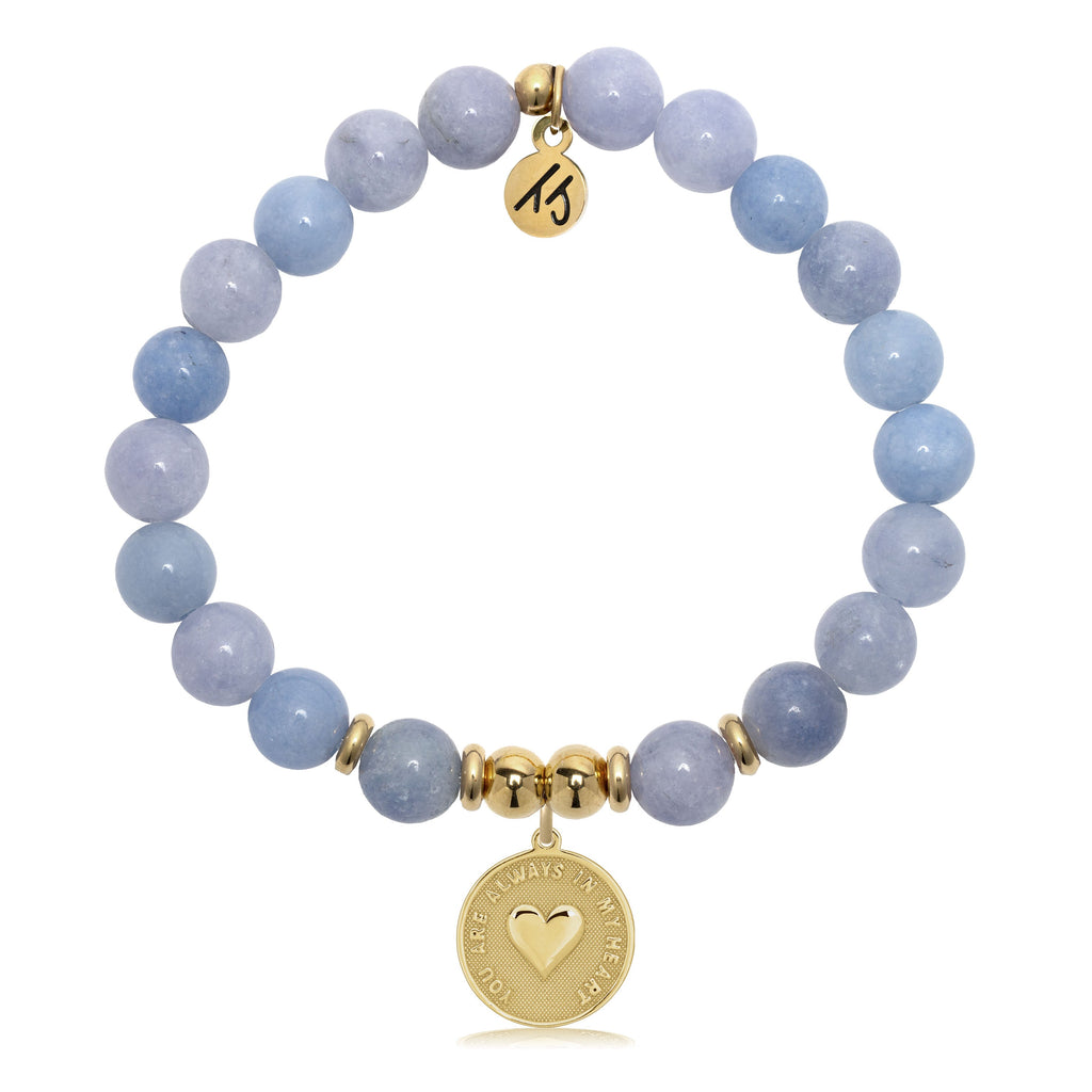 Gold Charm Collection - Sky Blue Jade Gemstone Bracelet with Always in My Heart Charm