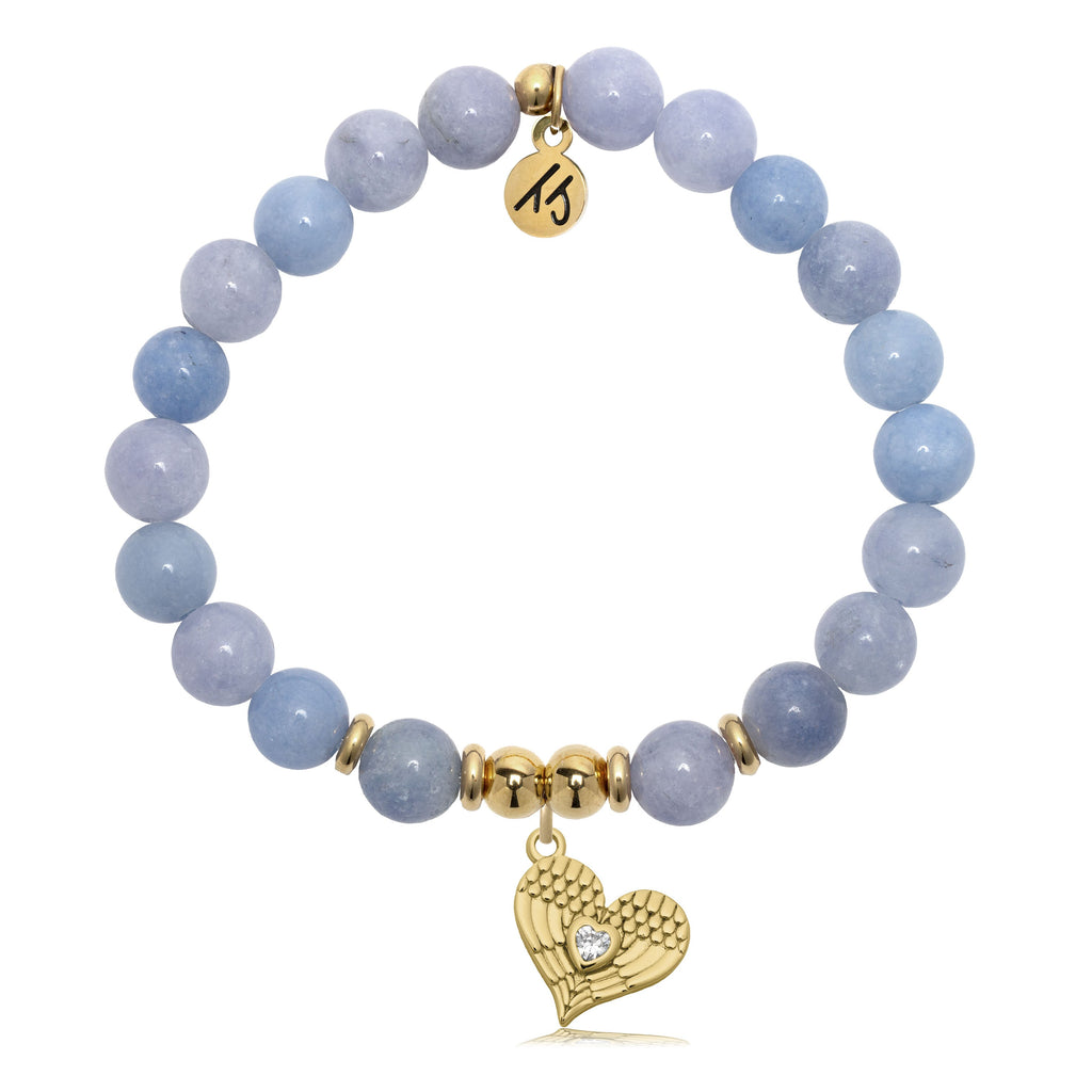 Gold Charm Collection - Sky Blue Jade Gemstone Bracelet with Angel Love Charm