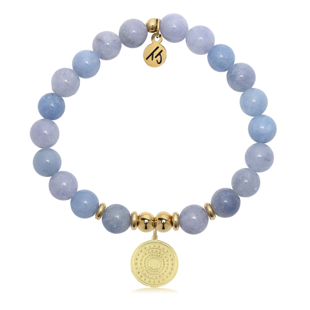 Gold Charm Collection - Sky Blue Jade Gemstone Bracelet with Family Circle Gold Charm