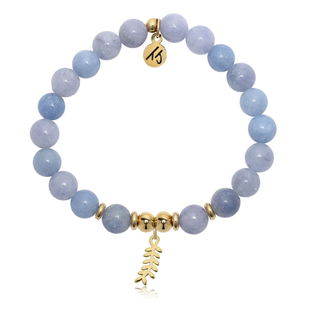 Gold Charm Collection - Sky Blue Jade Gemstone Bracelet with Olive Branch Gold Charm