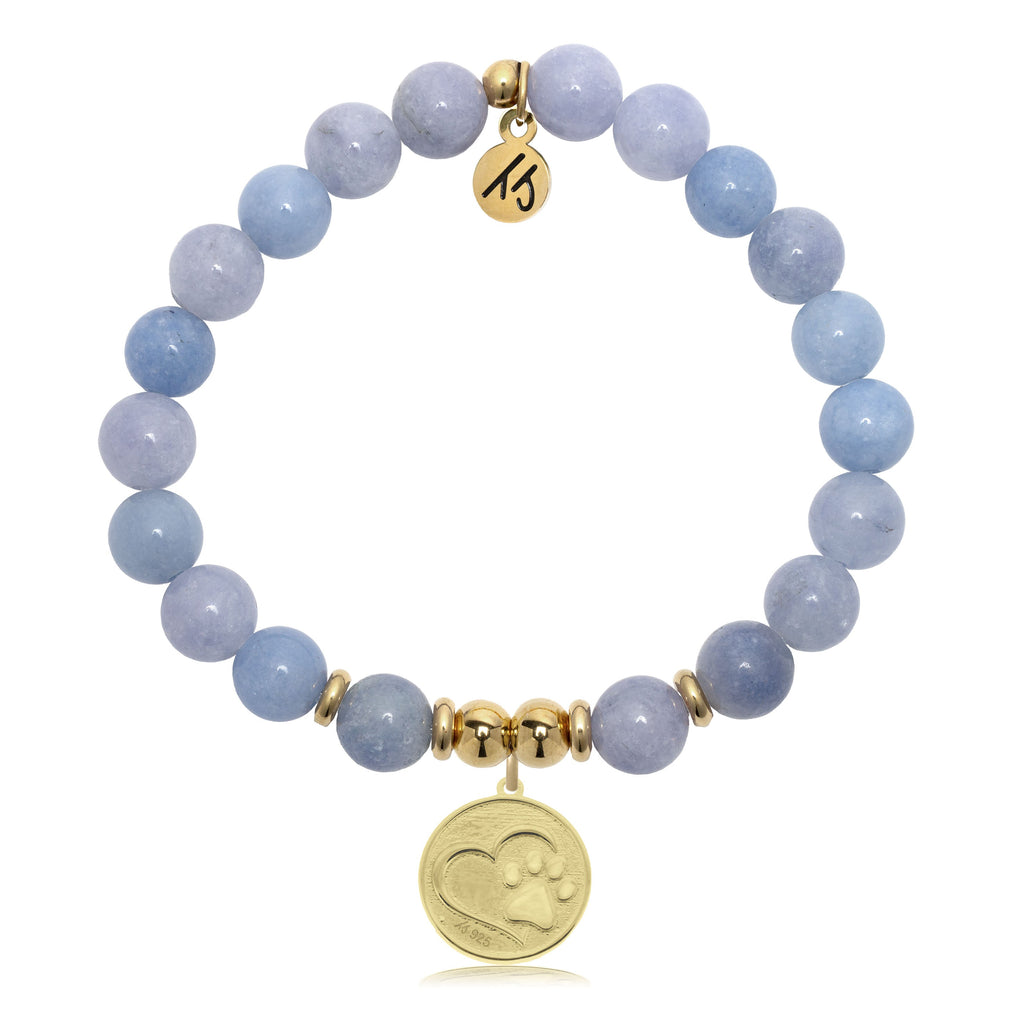 Gold Charm Collection - Sky Blue Jade Gemstone Bracelet with Paw Print Gold Charm