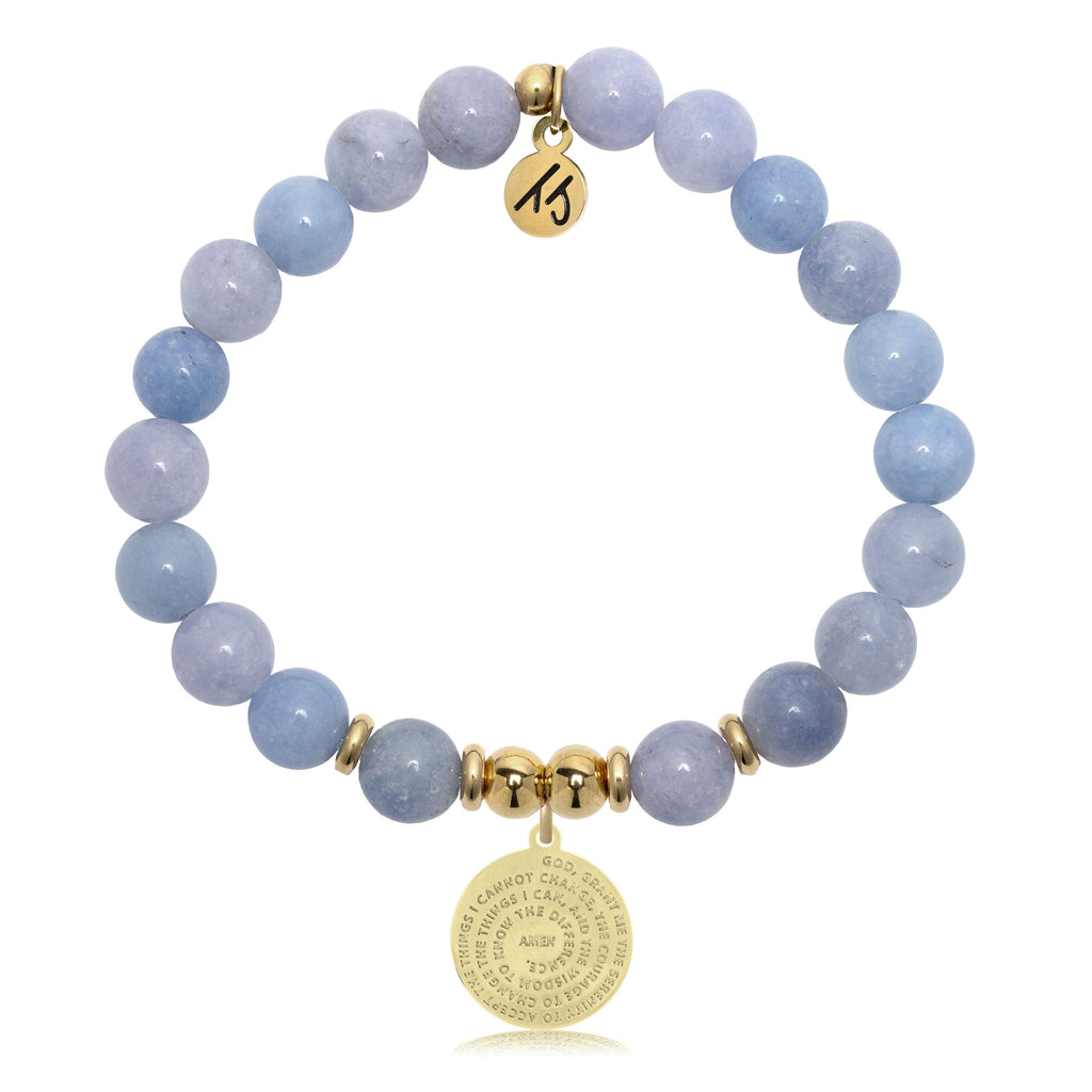 Gold Charm Collection - Sky Blue Jade Gemstone Bracelet with Serenity Prayer Gold Charm