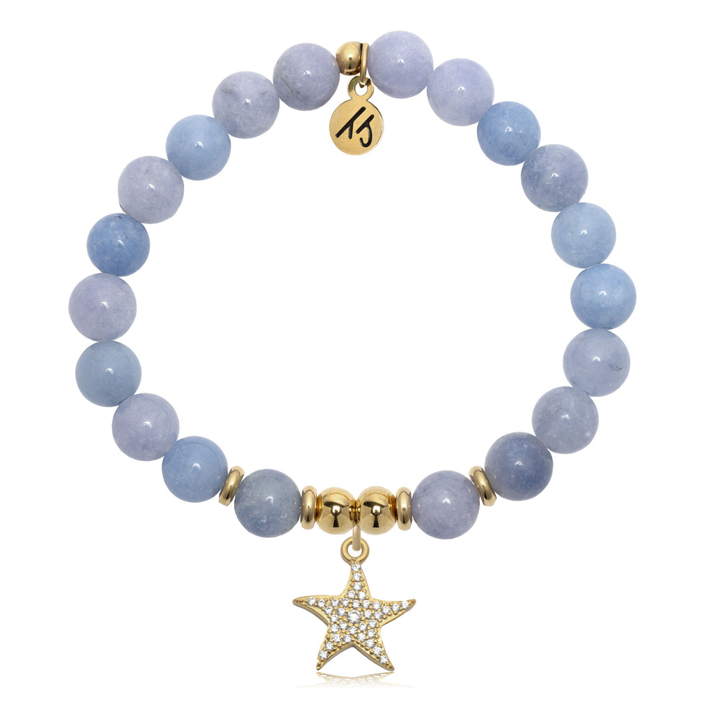 Gold Charm Collection - Sky Blue Jade Gemstone Bracelet with Starfish Gold Charm