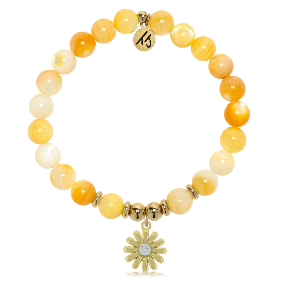 Gold Charm Collection - Yellow Shell Gemstone Bracelet with Daisy Gold Charm