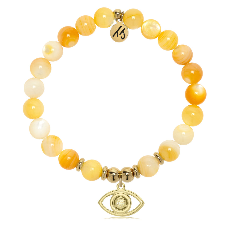 Gold Charm Collection - Yellow Shell Gemstone Bracelet with Evil Eye Gold Charm