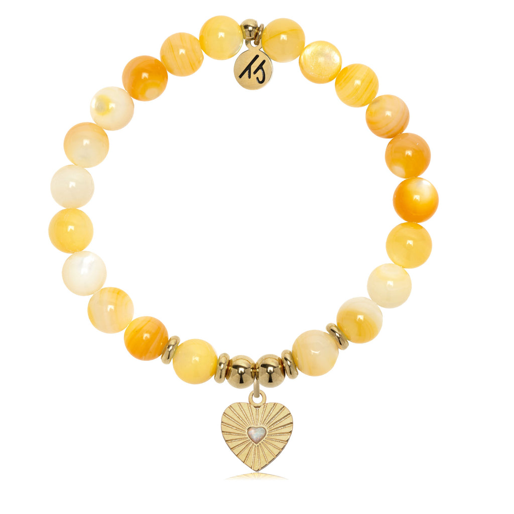 Gold Charm Collection - Yellow Shell Gemstone Bracelet with Heart Gold Charm