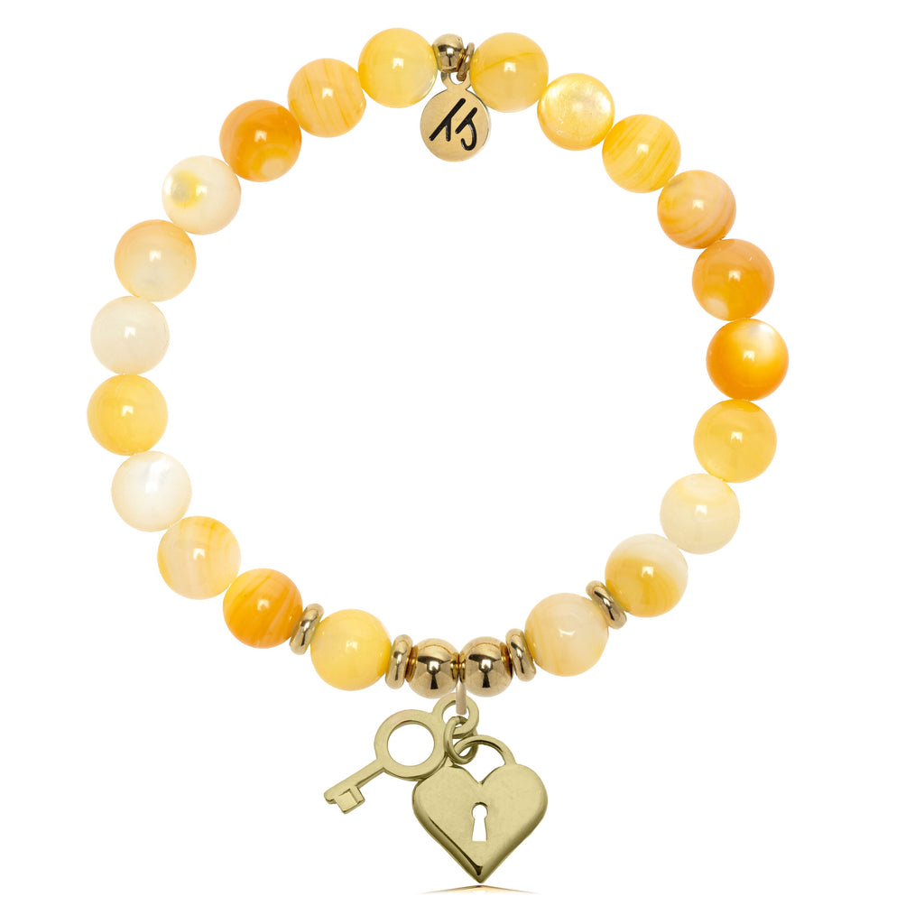 Gold Charm Collection - Yellow Shell Gemstone Bracelet with Key to My Heart Gold Charm