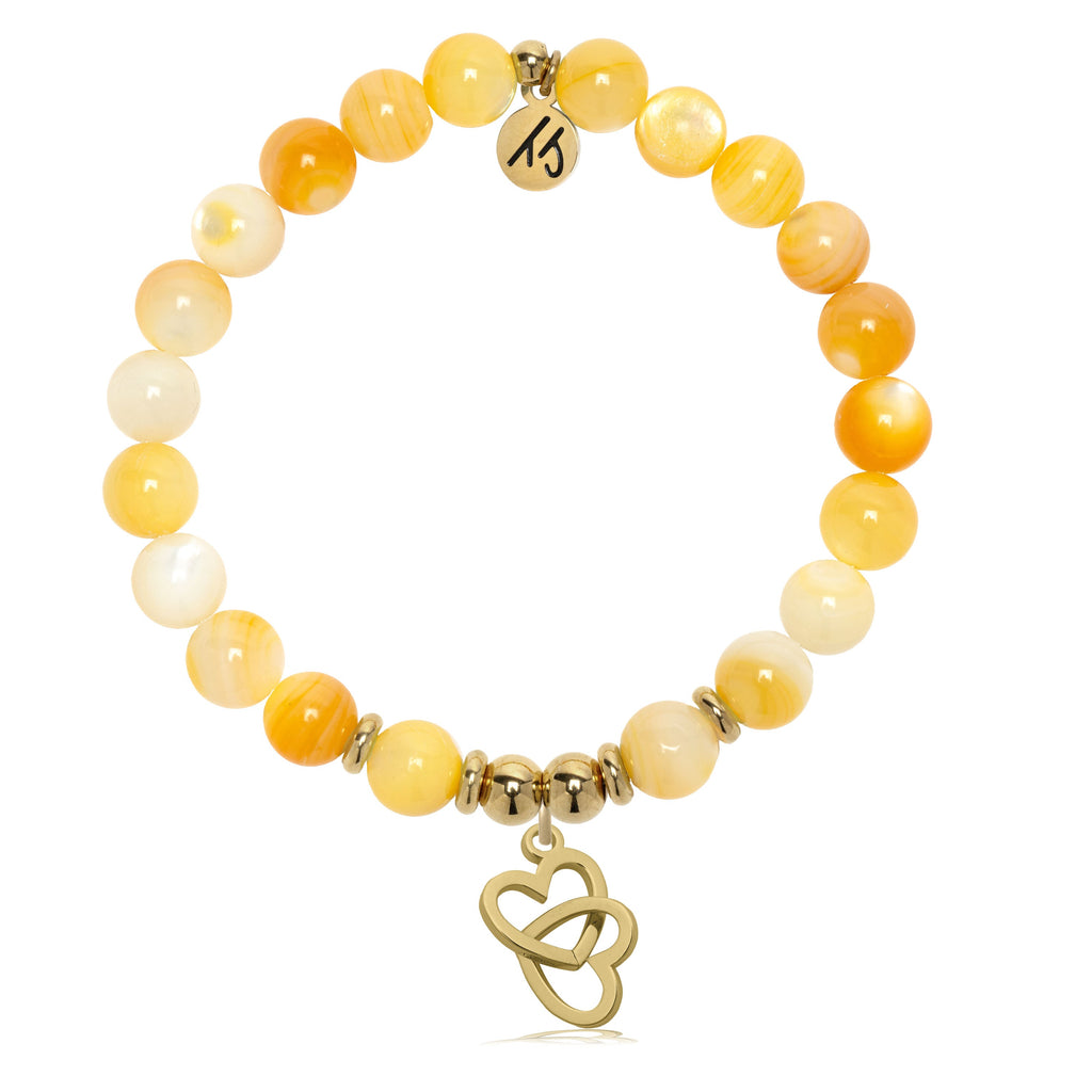 Gold Charm Collection - Yellow Shell Gemstone Bracelet with Linked Hearts Gold Charm