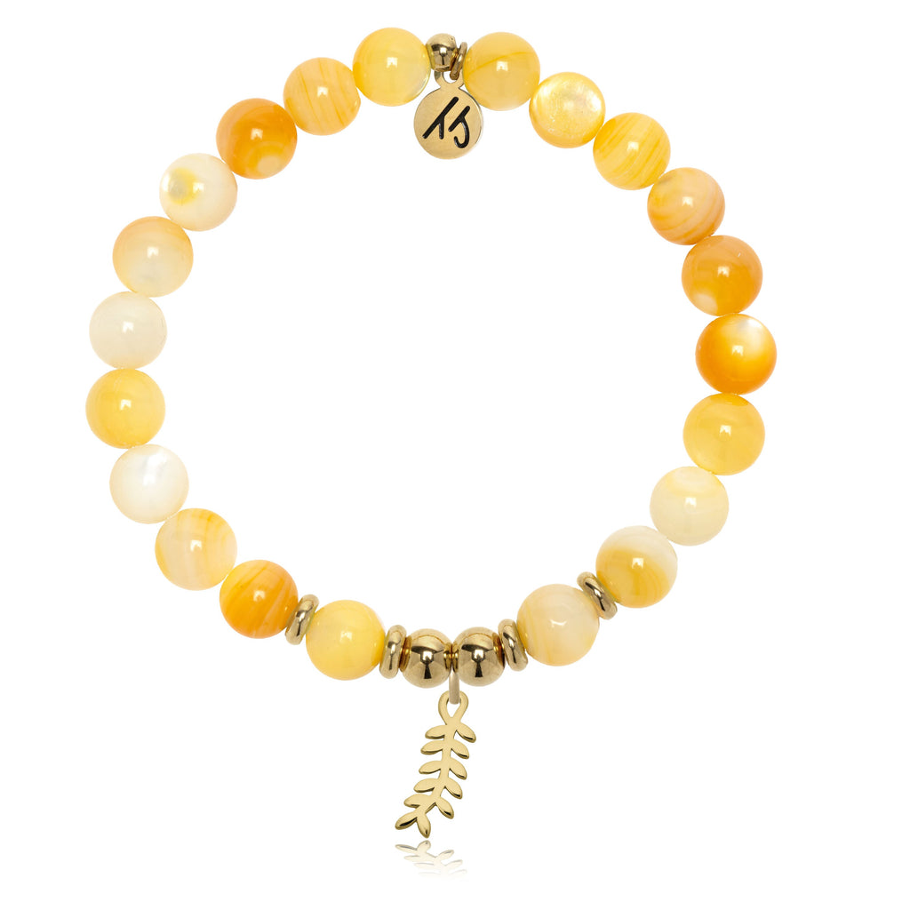 Gold Charm Collection - Yellow Shell Gemstone Bracelet with Olive Branch Gold Charm