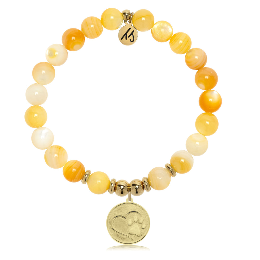Gold Charm Collection - Yellow Shell Gemstone Bracelet with Paw Print Gold Charm