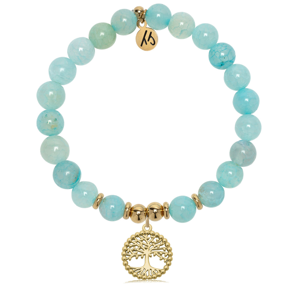 Gold Collection - Aqua Fire Agate Gemstone Bracelet with Family Tree Charm