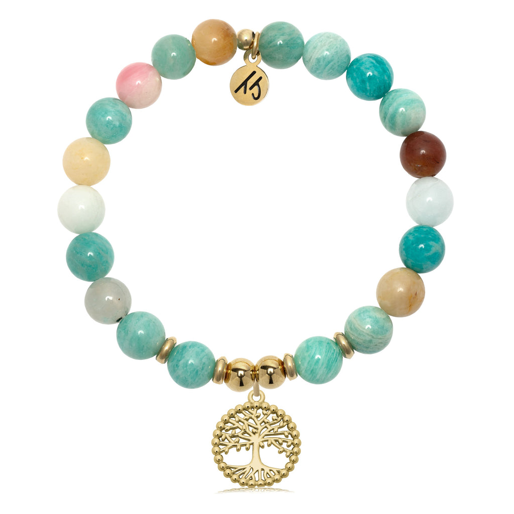Gold Collection - Multi Amazonite Gemstone Bracelet with Family Tree Charm